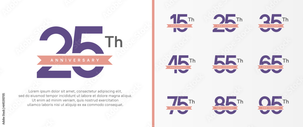 set of anniversary logo purple color number and pink ribbon on white background for celebration set of anniversary logo purple color number and pink ribbon on white background for celebration