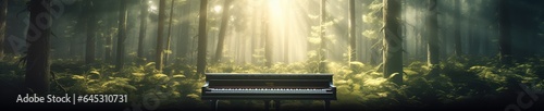 Grand piano sitting in calm forest with the sun. Abstract surreal music background. Generative AI