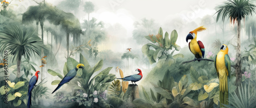 Wallpaper of a natural landscape of rainforests of trees and palms, in consistent colors with birds, butterflies, parrots and cranes in watercolors, Generative AI