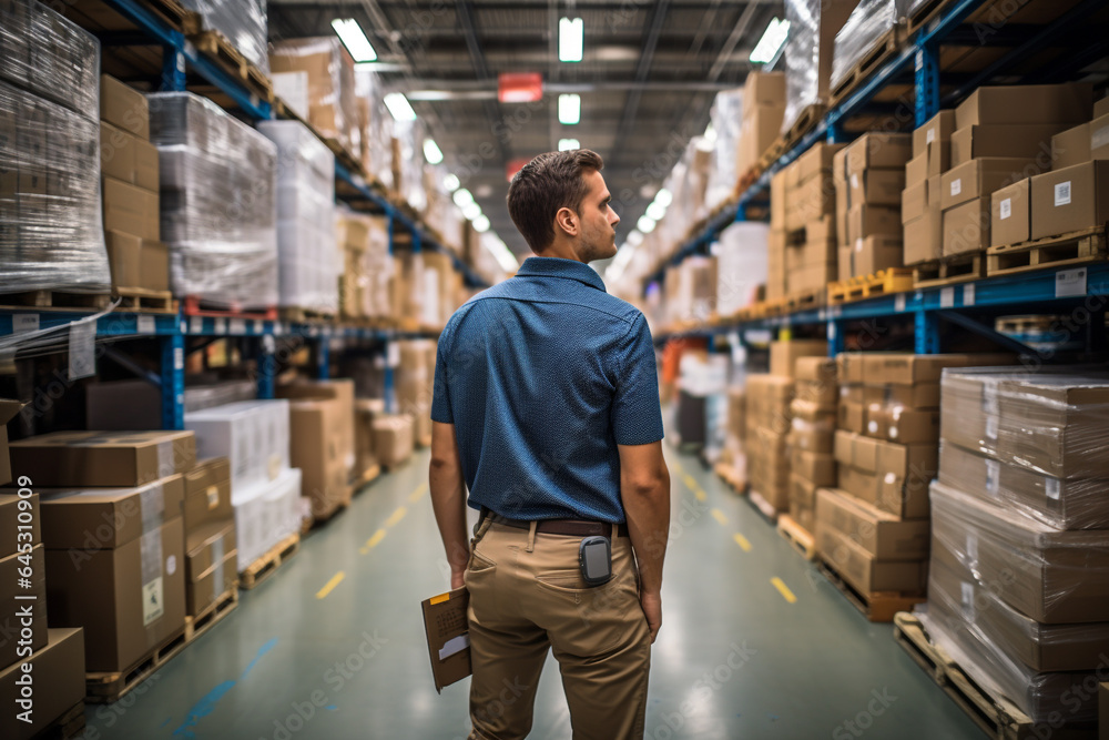 Man in large warehouse doing inventory of products Man in large warehouse doing inventory of products