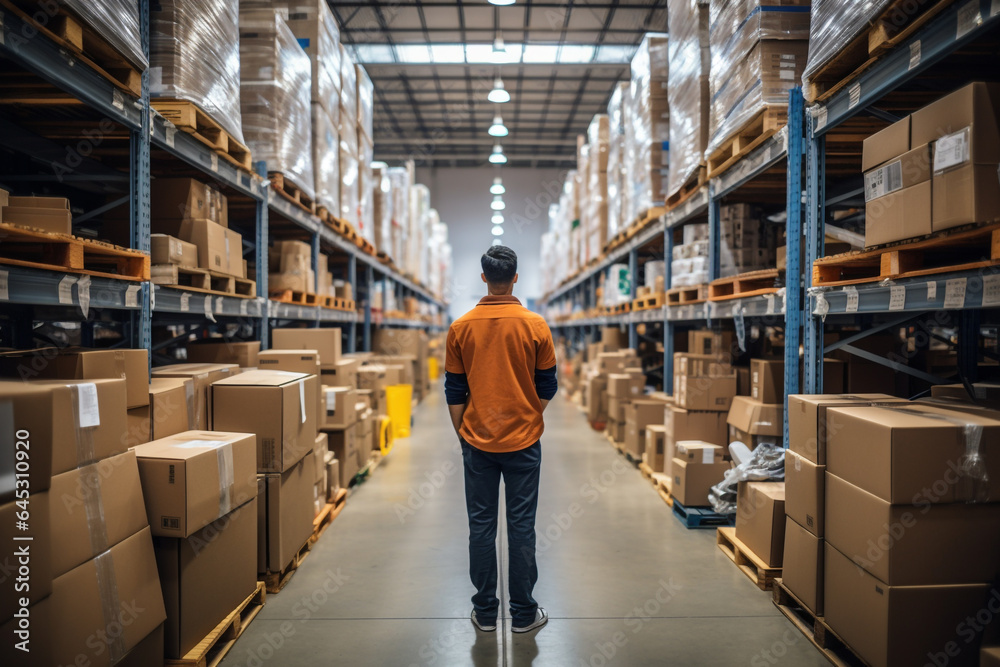 Man in large warehouse doing inventory of products Man in large warehouse doing inventory of products