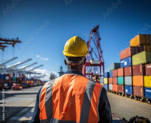 Worker on loading dock and stevedore checks containers in port