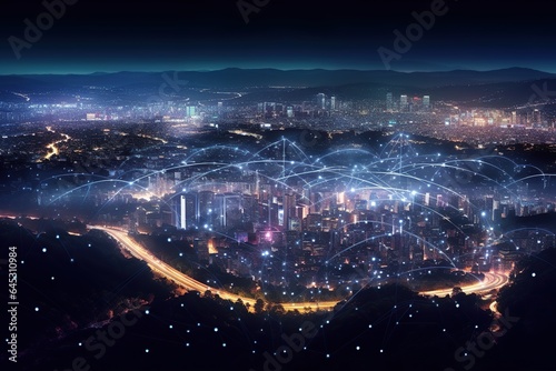 Smart city and big data connection technology, abstract line connection on night city background, communication network concept, Data storage, service, online, financial, Connectivity global