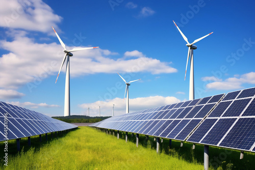 Renewable ecological sky windmill electricity solar photovoltaic panel power energy climate
