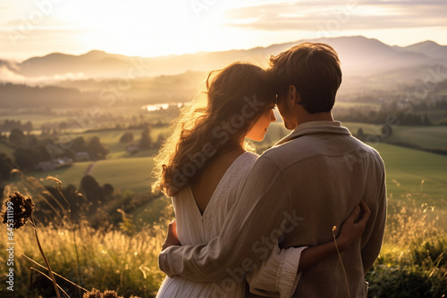 A couple sharing a warm embrace amidst a serene countryside landscape, symbolizing the love and creation of deep connections and the romance found in travel, love and creation