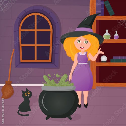 a kind sorceress in a hat cooks a potion in a cauldron Vector illustration