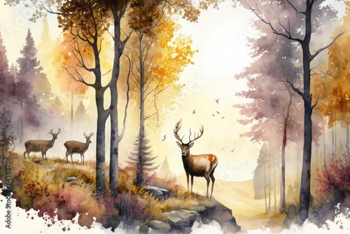 watercolor painting European forest in autumn with trees and wildflowers with deer in a landscape, Generative AI