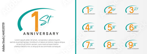 set of anniversary logo yellow color number and green swoosh on white background for celebration