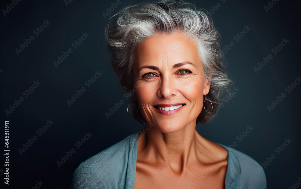 Beautiful mid age woman studio portrait over dark grey background. Beautiful mid age woman studio portrait over dark grey background.