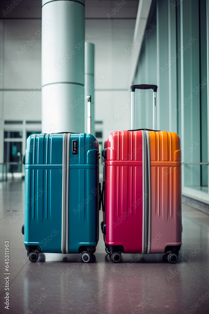 generative ai photo of two suitcases standing alone at the airport