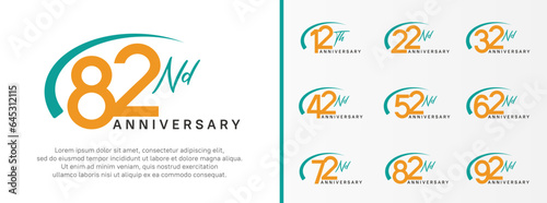 set of anniversary logo yellow color number and green swoosh on white background for celebration photo
