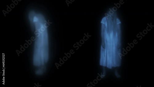 Full-size video capturing two female figures, poltergeist, ghost silhouettes, hologram in front and side view. Black background.