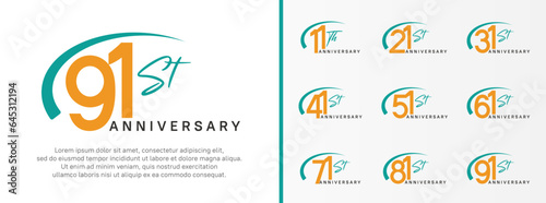 set of anniversary logo yellow color number and green swoosh on white background for celebration