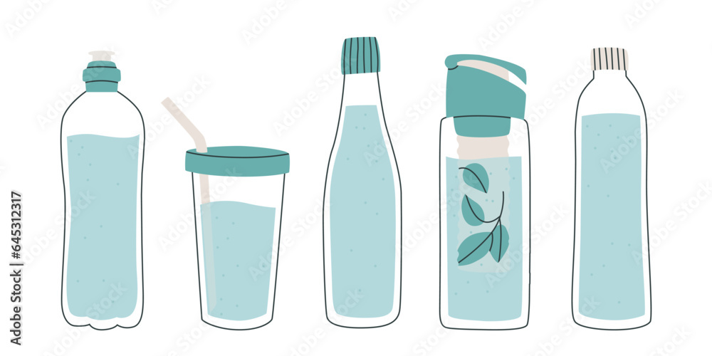 Reusable glass or plastic containers. Set of different water bottles. Take a water bottle with you. Vector isolated minimalistic illustration for design. Reusable glass or plastic containers. Set of different water bottles. Take a water bottle with you. Vector isolated minimalistic illustration for design.