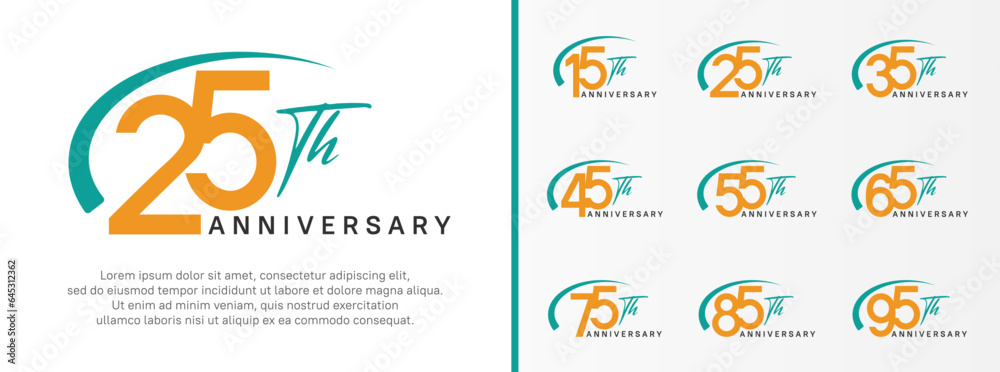set of anniversary logo yellow color number and green swoosh on white background for celebration - obrazy, fototapety, plakaty 