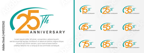 set of anniversary logo yellow color number and green swoosh on white background for celebration