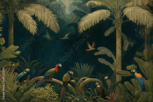 Jungle Tropical Forest trees Palm Birds Painting  Generative AI