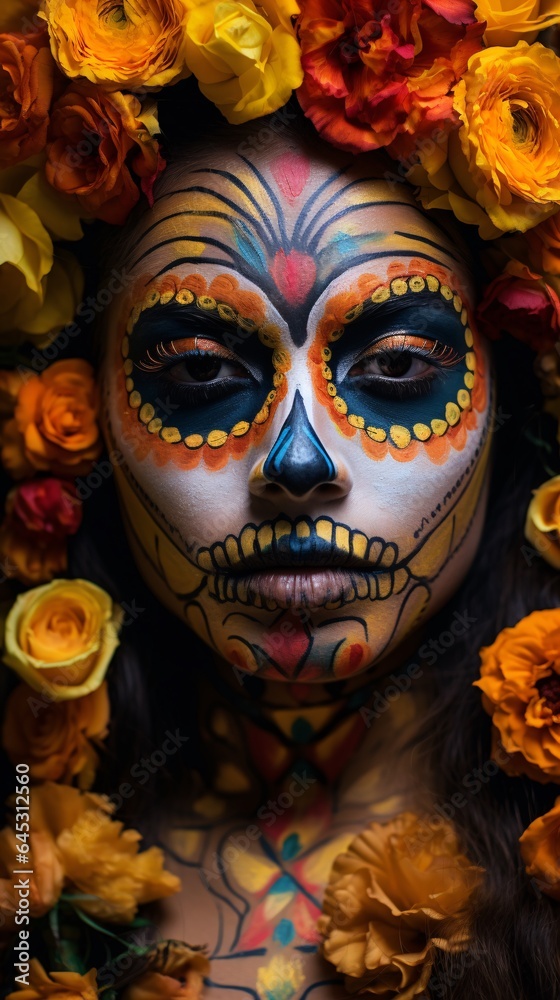 close-up of a woman's face, intricately painted with vibrant colors and skull motifs, representing the spirit and essence of Dia de los Muertos close-up of a woman's face, intricately painted with vibrant colors and skull motifs, representing the spirit and essence of Dia de los Muertos