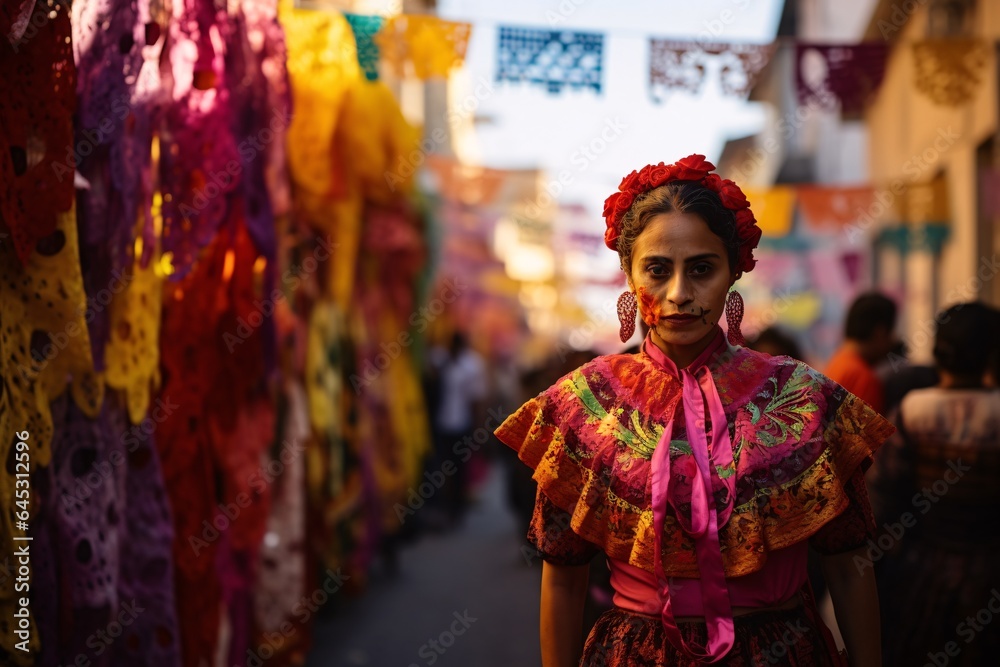 Fototapeta premium a street in Mexico during Dia de los Muertos, as families gather, faces painted with intricate skull designs, wearing traditional costumes