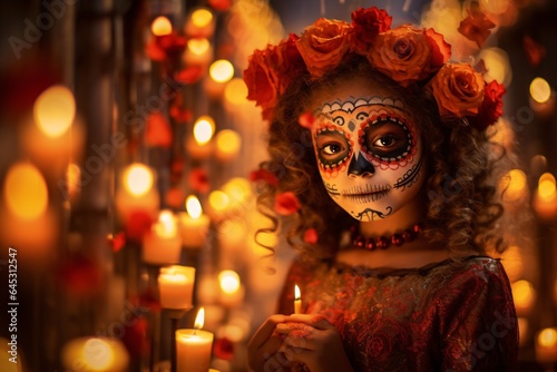 a child's innocent gaze, framed by the festive Dia de los Muertos face paint