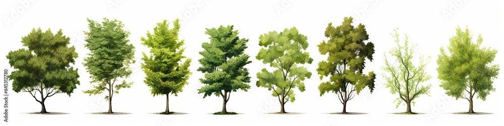 Whispers of woods. Botanical symphony. Nature diversity. Trees in summer splendor. Botanical elegance. Leaves branches and life. Tree on white background isolated
