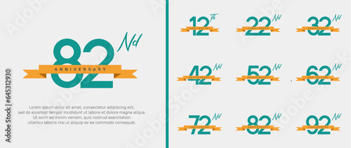 set of anniversary logo green color number and orange ribbon on white background for celebration