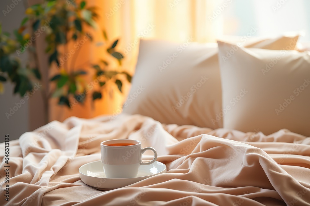 A cup of coffee on top of the hotel room sheets. A cup of coffee on top of the hotel room sheets.