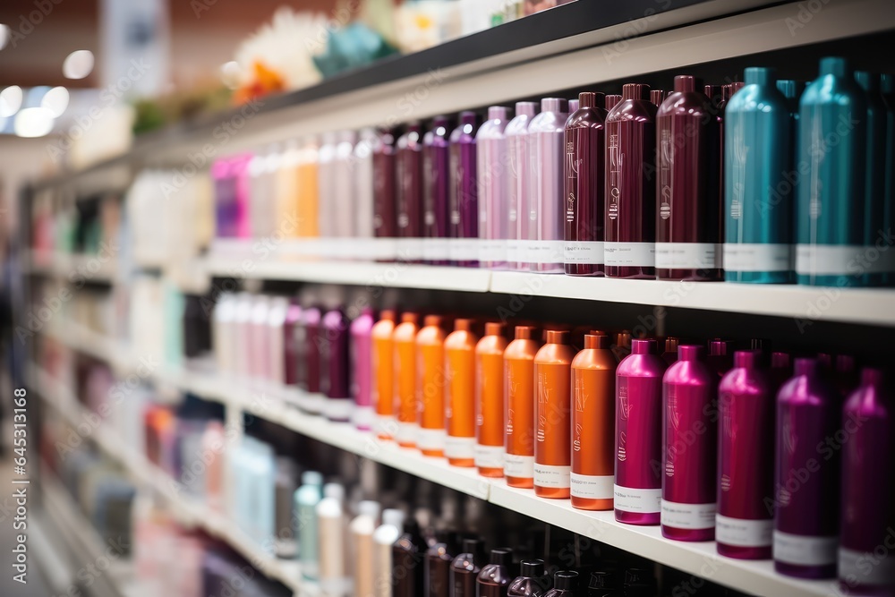 Modern and colorful display case in a cosmetics boutique with a variety of hair care products. Modern and colorful display case in a cosmetics boutique with a variety of hair care products.