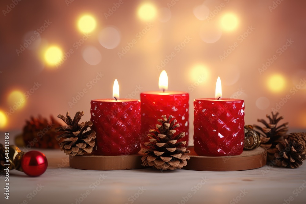 Lit red candles and pine cones for Advent or Christmas decoration on a bright and blurry background. Lit red candles and pine cones for Advent or Christmas decoration on a bright and blurry background.