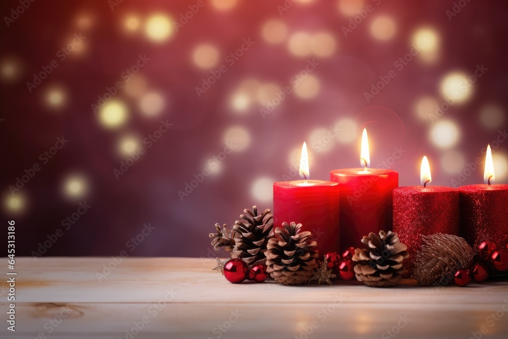 Lit red candles and pine cones for Advent or Christmas decoration on a bright and blurry background. Lit red candles and pine cones for Advent or Christmas decoration on a bright and blurry background.