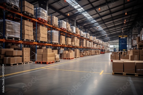 A large warehouse with numerous items. Rows of shelves with boxes.
