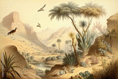 Wallpaper of a desert oasis with valleys  desert birds and butterflies in a landscape  antique drawing  Generative AI