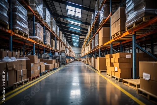 A large warehouse with numerous items. Rows of shelves with boxes.