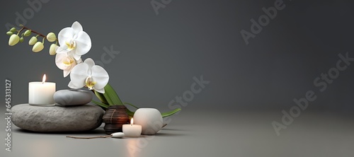 Beautiful home floral decoration with white orchids and candles on a pure gray background.