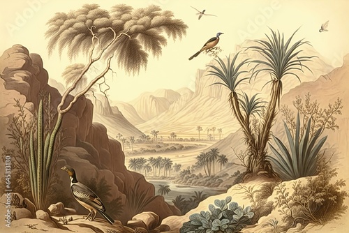 Wallpaper of a desert oasis with valleys, desert birds and butterflies in a landscape, antique drawing, Generative AI