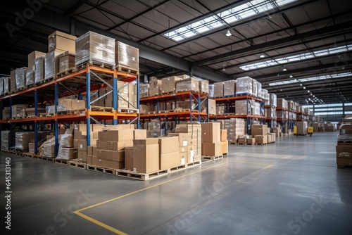 A large warehouse with numerous items. Rows of shelves with boxes.