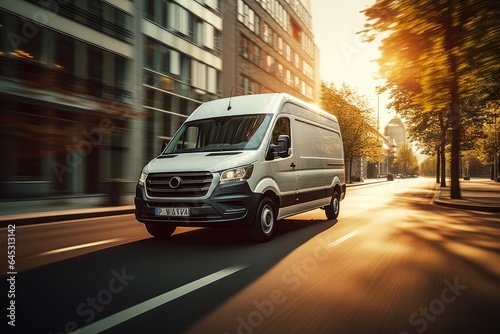 A white van driving through city streets. Moving and delivery concept.