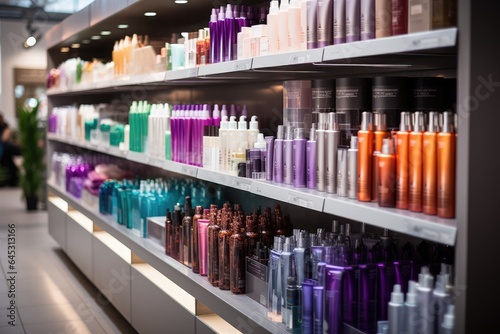 Modern and colorful display case in a cosmetics boutique with a variety of hair care products.