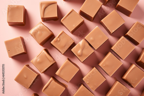 Top view of fudge confectionery on pastel pink background