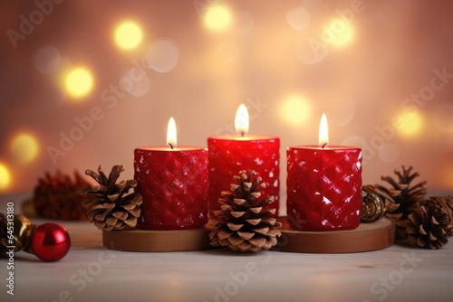 Lit red candles and pine cones for Advent or Christmas decoration on a bright and blurry background.