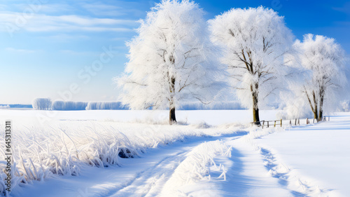 Winterlandschaft mit Bäumen im Schnee. Generiert mit KI © shokokoart