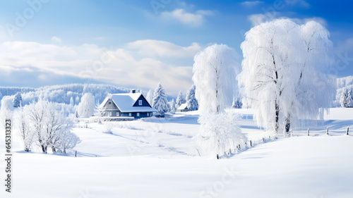 Winterlandschaft mit B  umen im Schnee. Generiert mit KI