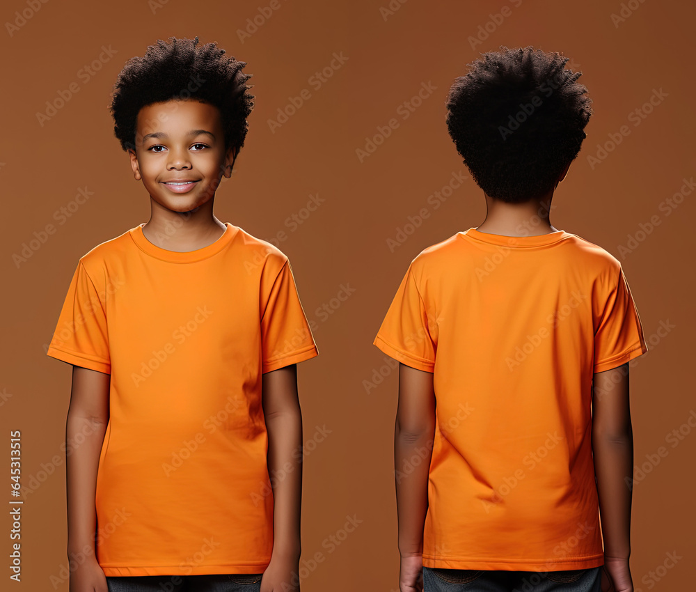 Front and back views of a little boy wearing an orange T-shirt Front and back views of a little boy wearing an orange T-shirt