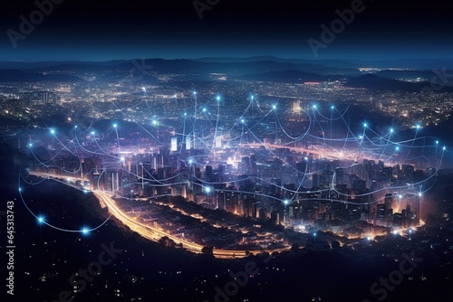 Smart city and big data connection technology  abstract line connection on night city background  communication network concept  Data storage  service  online  financial  Connectivity global