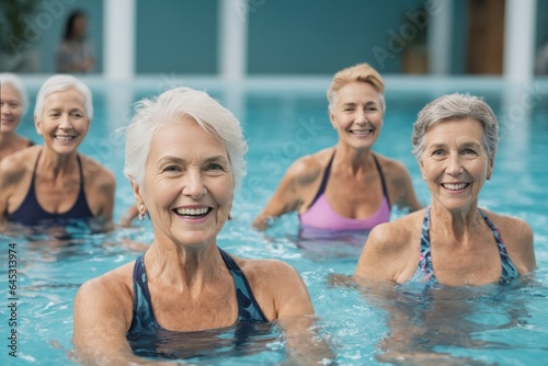 Active senior women enjoying aquagym class in a pool, displaying joy and camaraderie, embodying a healthy, retired lifestyle © Cad3D.Expert