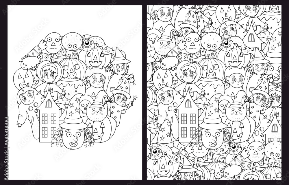 Cute Halloween characters coloring pages set in US Letter format with pumpkin, witch, kids in costumes and others. Spooky background collection. Vector illustration Cute Halloween characters coloring pages set in US Letter format with pumpkin, witch, kids in costumes and others. Spooky background collection. Vector illustration