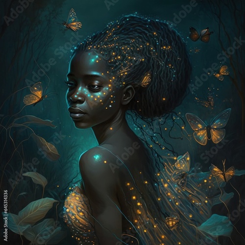 A mermaid girl with dark skin surrounded by luminous butterflies in the forest wallpaper, a surreal expressionist painting, Generative AI
