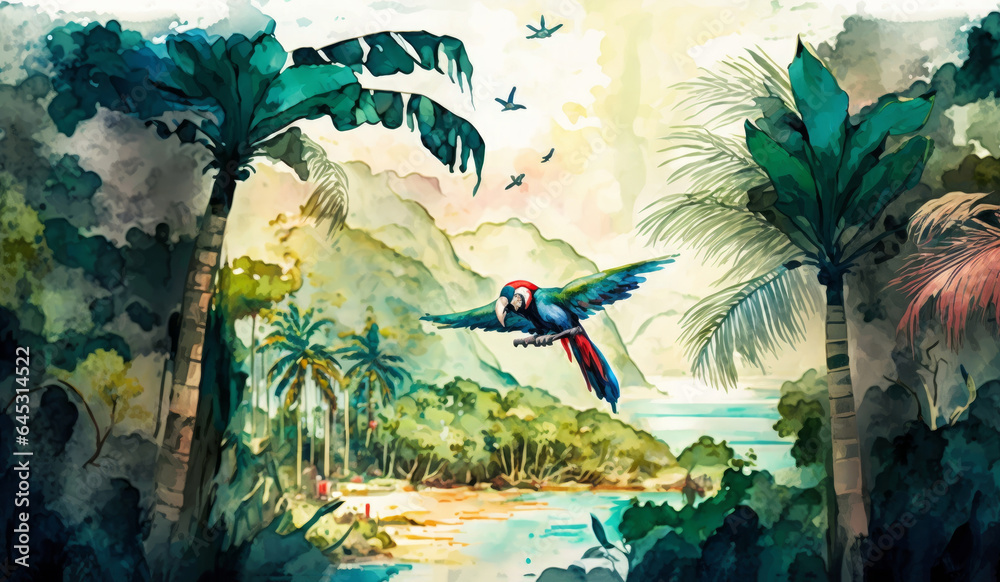 Φωτογραφία Tropical wallpaper palm trees, birds and parrot in the Beach of landscape, water