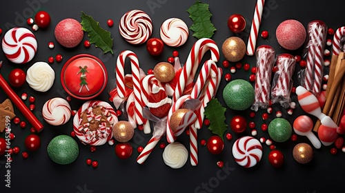 Assortment of Christmas candies, candy canes, and sweets on a candy-striped background
