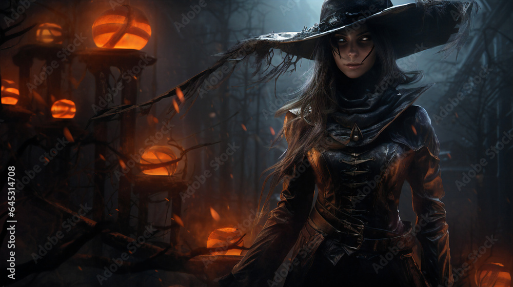 Beautiful Witch in a dark desolate forest surrounded by pumpkins. Halloween season, night, dark, cosplay, spooky.
